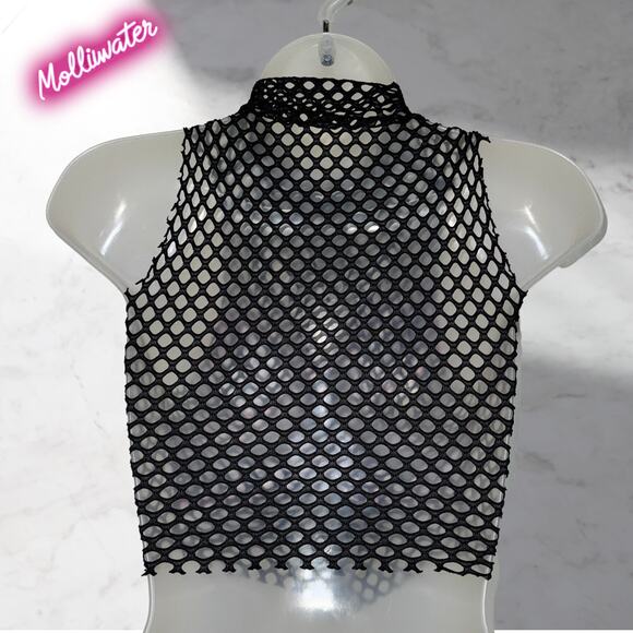 New Small Mesh Black Pink Warning Caution Tape Crop Top Punk Grunge Retro Neon - Picture 3 of 3